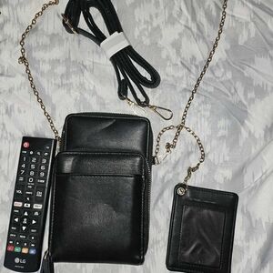 Black Leather Phone Crossbody Bag with Card Holder